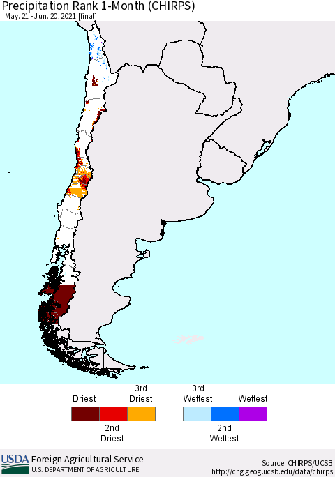 Chile Precipitation Rank 1-Month (CHIRPS) Thematic Map For 5/21/2021 - 6/20/2021