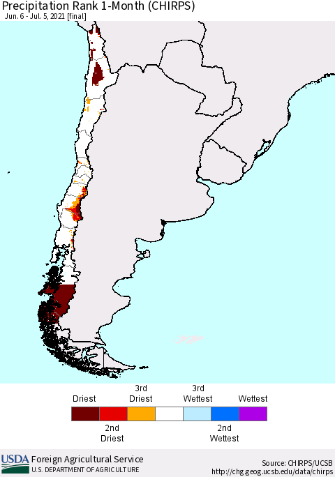 Chile Precipitation Rank 1-Month (CHIRPS) Thematic Map For 6/6/2021 - 7/5/2021