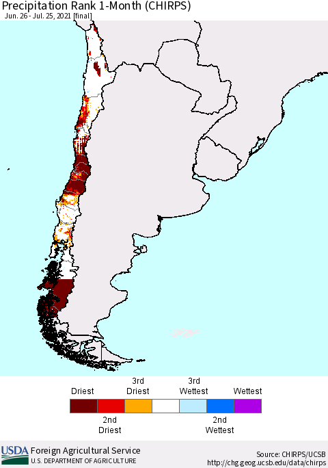Chile Precipitation Rank 1-Month (CHIRPS) Thematic Map For 6/26/2021 - 7/25/2021
