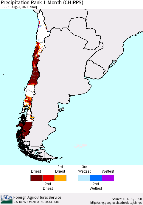 Chile Precipitation Rank since 1981, 1-Month (CHIRPS) Thematic Map For 7/6/2021 - 8/5/2021