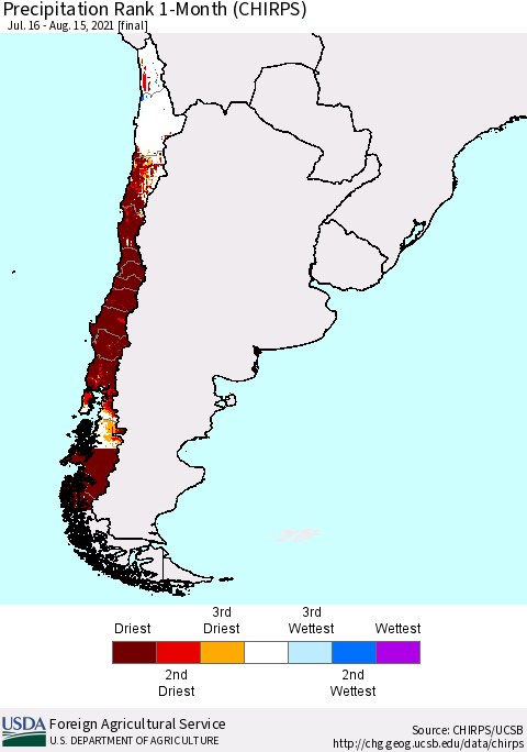 Chile Precipitation Rank 1-Month (CHIRPS) Thematic Map For 7/16/2021 - 8/15/2021