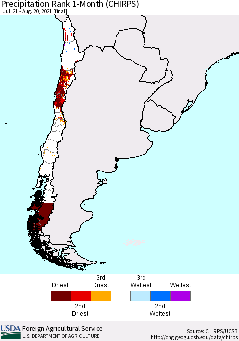 Chile Precipitation Rank 1-Month (CHIRPS) Thematic Map For 7/21/2021 - 8/20/2021