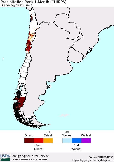 Chile Precipitation Rank 1-Month (CHIRPS) Thematic Map For 7/26/2021 - 8/25/2021