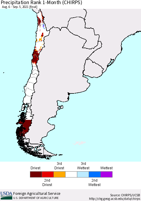 Chile Precipitation Rank since 1981, 1-Month (CHIRPS) Thematic Map For 8/6/2021 - 9/5/2021
