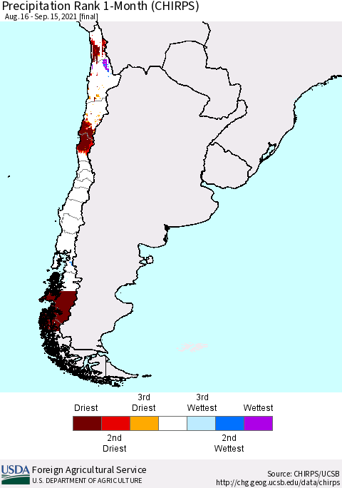 Chile Precipitation Rank since 1981, 1-Month (CHIRPS) Thematic Map For 8/16/2021 - 9/15/2021