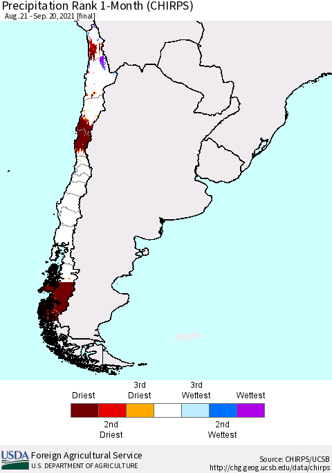 Chile Precipitation Rank 1-Month (CHIRPS) Thematic Map For 8/21/2021 - 9/20/2021
