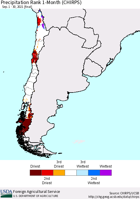 Chile Precipitation Rank 1-Month (CHIRPS) Thematic Map For 9/1/2021 - 9/30/2021