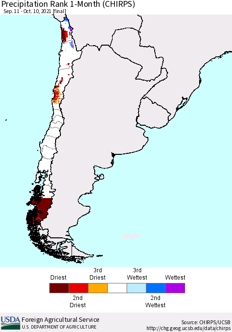 Chile Precipitation Rank 1-Month (CHIRPS) Thematic Map For 9/11/2021 - 10/10/2021