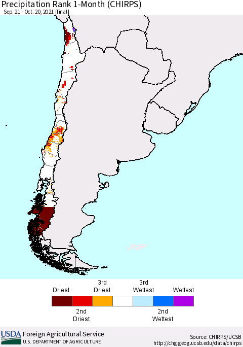 Chile Precipitation Rank 1-Month (CHIRPS) Thematic Map For 9/21/2021 - 10/20/2021