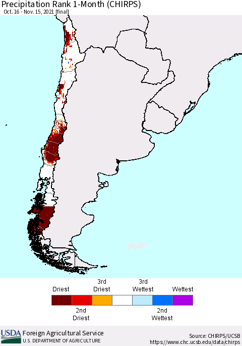 Chile Precipitation Rank 1-Month (CHIRPS) Thematic Map For 10/16/2021 - 11/15/2021