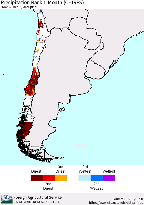 Chile Precipitation Rank since 1981, 1-Month (CHIRPS) Thematic Map For 11/6/2021 - 12/5/2021