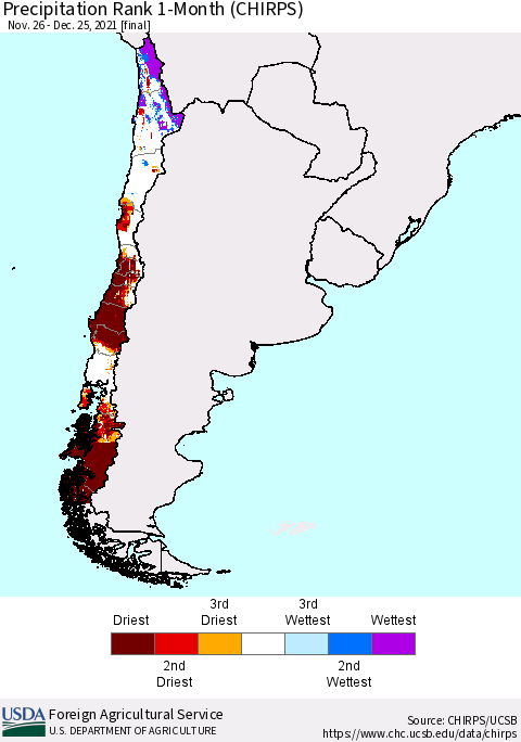 Chile Precipitation Rank 1-Month (CHIRPS) Thematic Map For 11/26/2021 - 12/25/2021
