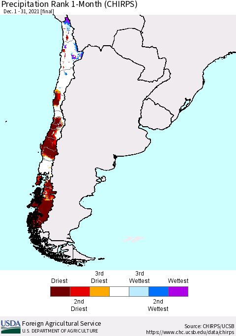 Chile Precipitation Rank 1-Month (CHIRPS) Thematic Map For 12/1/2021 - 12/31/2021