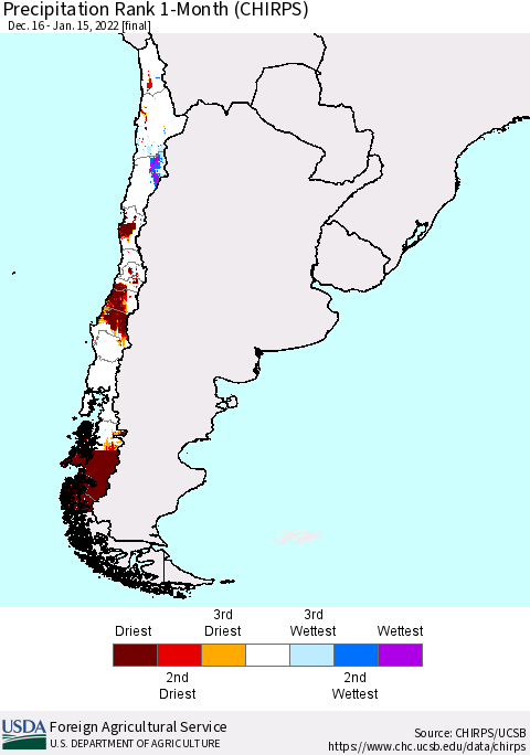 Chile Precipitation Rank 1-Month (CHIRPS) Thematic Map For 12/16/2021 - 1/15/2022