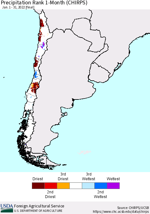 Chile Precipitation Rank 1-Month (CHIRPS) Thematic Map For 1/1/2022 - 1/31/2022