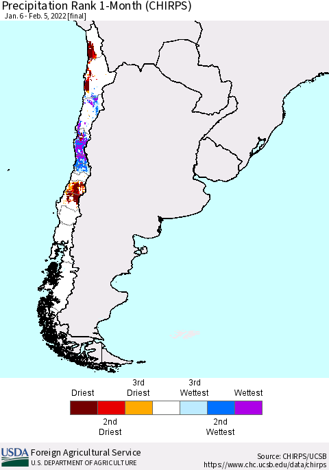 Chile Precipitation Rank 1-Month (CHIRPS) Thematic Map For 1/6/2022 - 2/5/2022