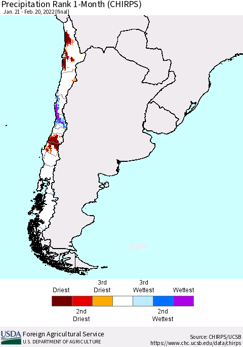 Chile Precipitation Rank since 1981, 1-Month (CHIRPS) Thematic Map For 1/21/2022 - 2/20/2022