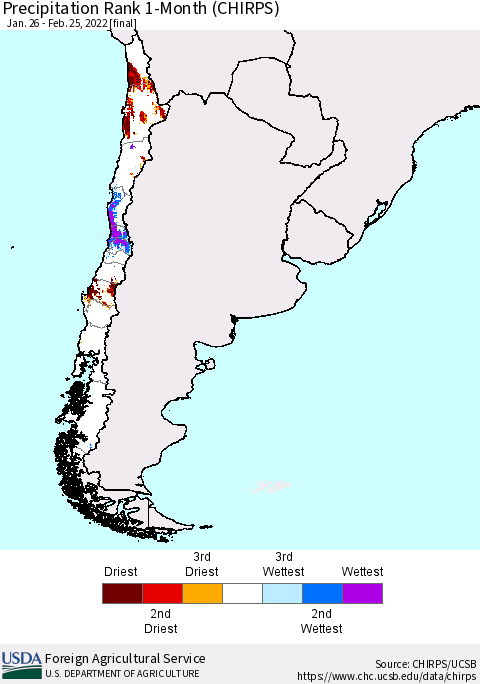 Chile Precipitation Rank 1-Month (CHIRPS) Thematic Map For 1/26/2022 - 2/25/2022
