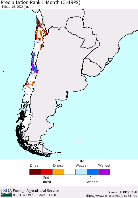 Chile Precipitation Rank since 1981, 1-Month (CHIRPS) Thematic Map For 2/1/2022 - 2/28/2022