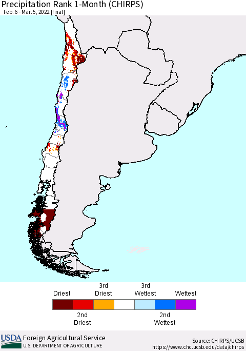 Chile Precipitation Rank 1-Month (CHIRPS) Thematic Map For 2/6/2022 - 3/5/2022