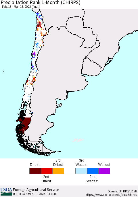 Chile Precipitation Rank 1-Month (CHIRPS) Thematic Map For 2/16/2022 - 3/15/2022