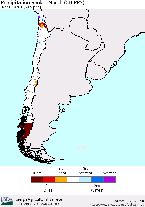 Chile Precipitation Rank 1-Month (CHIRPS) Thematic Map For 3/16/2022 - 4/15/2022