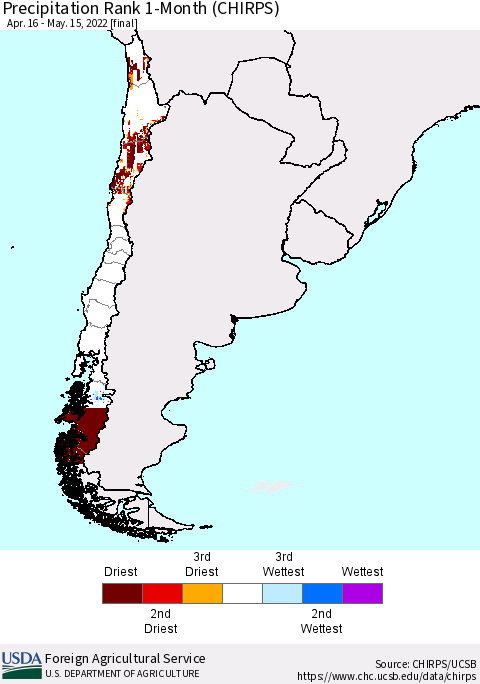 Chile Precipitation Rank 1-Month (CHIRPS) Thematic Map For 4/16/2022 - 5/15/2022