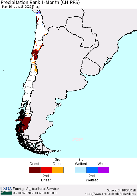 Chile Precipitation Rank 1-Month (CHIRPS) Thematic Map For 5/16/2022 - 6/15/2022