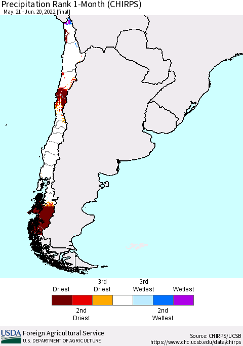 Chile Precipitation Rank since 1981, 1-Month (CHIRPS) Thematic Map For 5/21/2022 - 6/20/2022