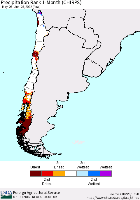 Chile Precipitation Rank since 1981, 1-Month (CHIRPS) Thematic Map For 5/26/2022 - 6/25/2022