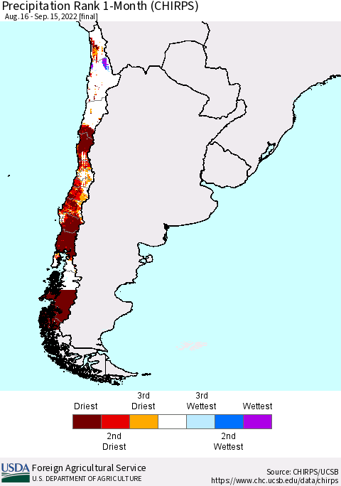 Chile Precipitation Rank 1-Month (CHIRPS) Thematic Map For 8/16/2022 - 9/15/2022