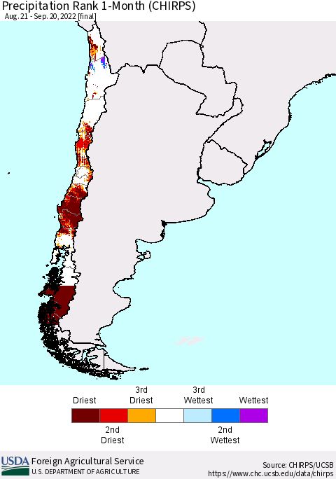 Chile Precipitation Rank 1-Month (CHIRPS) Thematic Map For 8/21/2022 - 9/20/2022