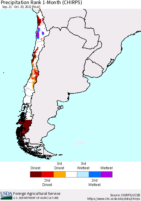 Chile Precipitation Rank since 1981, 1-Month (CHIRPS) Thematic Map For 9/21/2022 - 10/20/2022