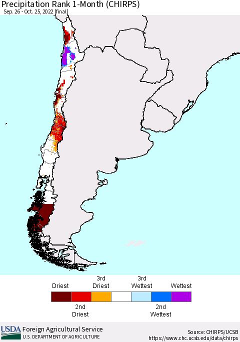Chile Precipitation Rank 1-Month (CHIRPS) Thematic Map For 9/26/2022 - 10/25/2022