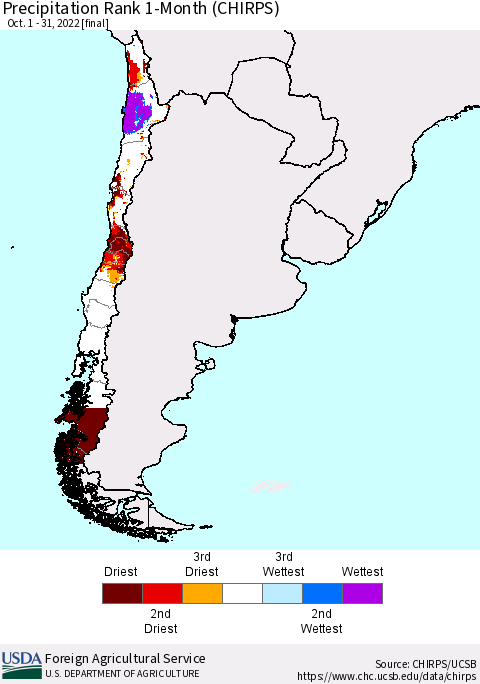 Chile Precipitation Rank 1-Month (CHIRPS) Thematic Map For 10/1/2022 - 10/31/2022