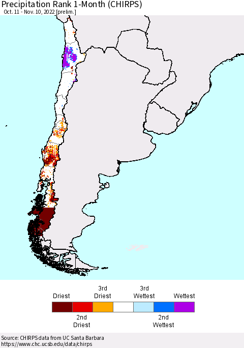 Chile Precipitation Rank 1-Month (CHIRPS) Thematic Map For 10/11/2022 - 11/10/2022