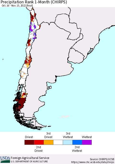 Chile Precipitation Rank 1-Month (CHIRPS) Thematic Map For 10/16/2022 - 11/15/2022
