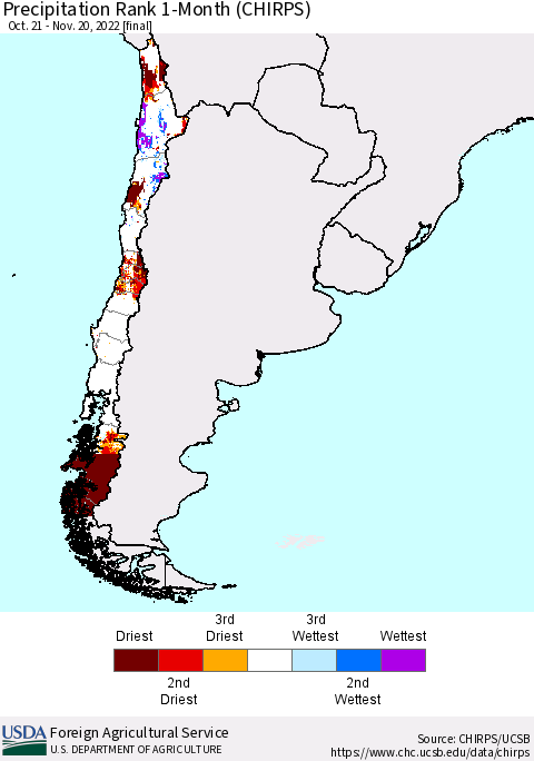 Chile Precipitation Rank 1-Month (CHIRPS) Thematic Map For 10/21/2022 - 11/20/2022