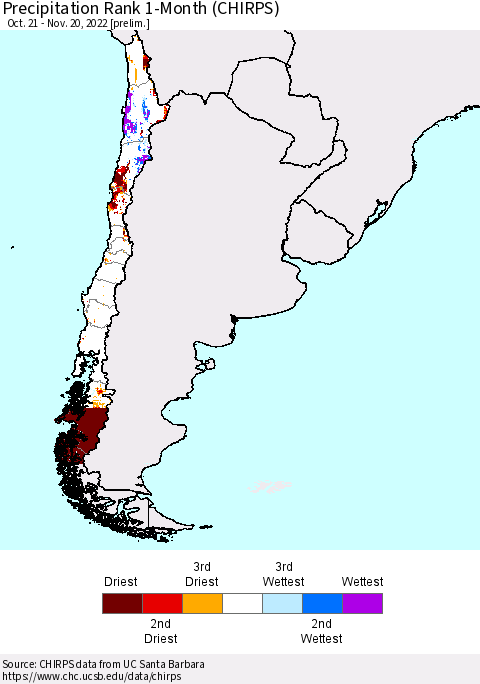 Chile Precipitation Rank 1-Month (CHIRPS) Thematic Map For 10/21/2022 - 11/20/2022