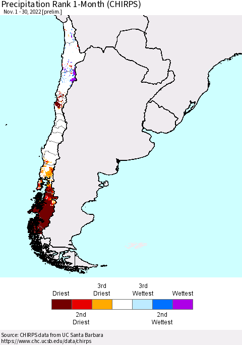 Chile Precipitation Rank 1-Month (CHIRPS) Thematic Map For 11/1/2022 - 11/30/2022