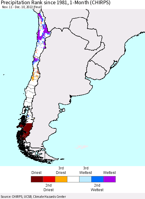 Chile Precipitation Rank since 1981, 1-Month (CHIRPS) Thematic Map For 11/11/2022 - 12/10/2022