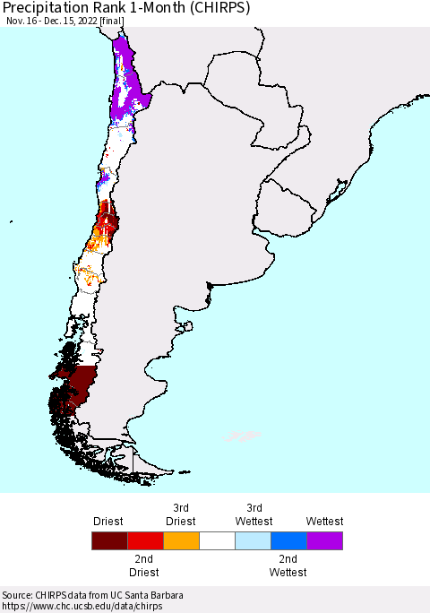 Chile Precipitation Rank 1-Month (CHIRPS) Thematic Map For 11/16/2022 - 12/15/2022