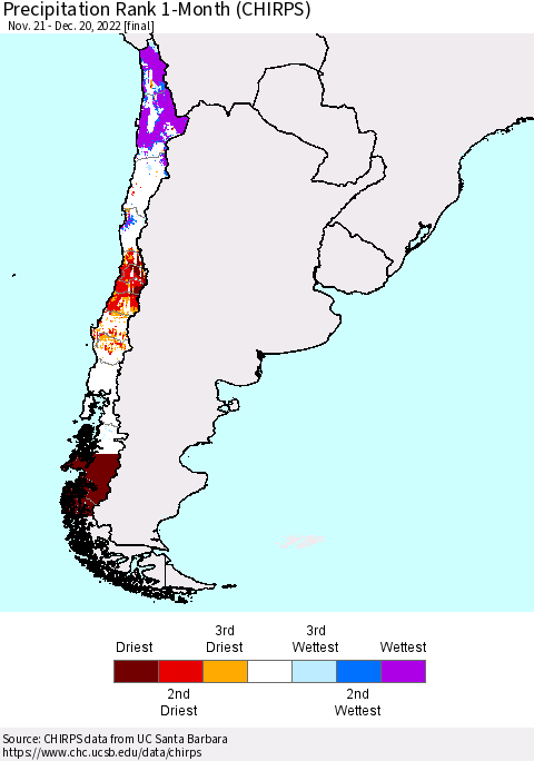 Chile Precipitation Rank 1-Month (CHIRPS) Thematic Map For 11/21/2022 - 12/20/2022