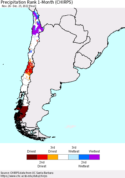 Chile Precipitation Rank since 1981, 1-Month (CHIRPS) Thematic Map For 11/26/2022 - 12/25/2022