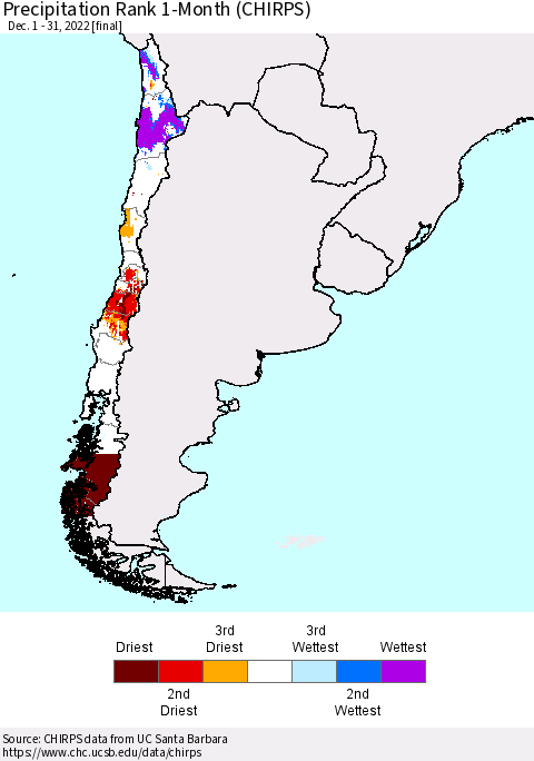 Chile Precipitation Rank since 1981, 1-Month (CHIRPS) Thematic Map For 12/1/2022 - 12/31/2022