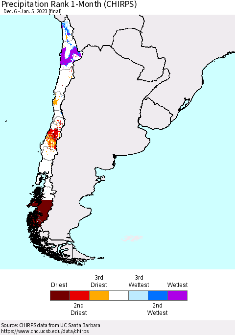 Chile Precipitation Rank 1-Month (CHIRPS) Thematic Map For 12/6/2022 - 1/5/2023