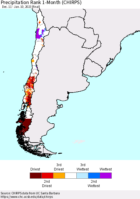 Chile Precipitation Rank 1-Month (CHIRPS) Thematic Map For 12/11/2022 - 1/10/2023