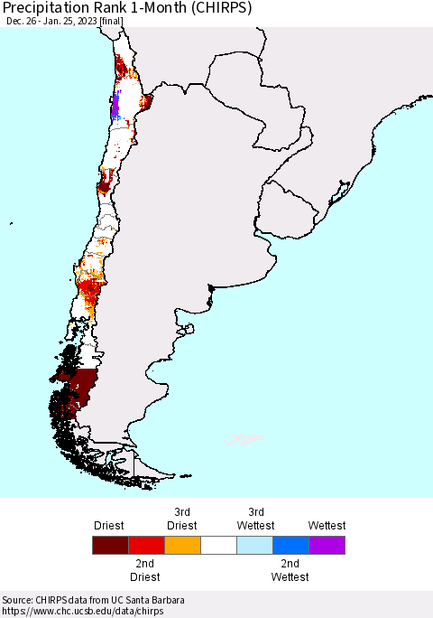 Chile Precipitation Rank since 1981, 1-Month (CHIRPS) Thematic Map For 12/26/2022 - 1/25/2023