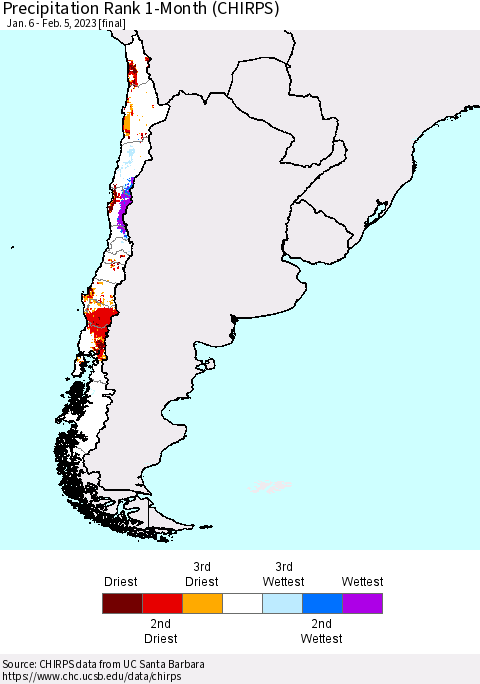 Chile Precipitation Rank 1-Month (CHIRPS) Thematic Map For 1/6/2023 - 2/5/2023