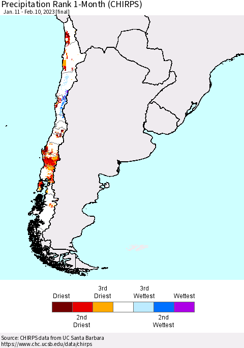 Chile Precipitation Rank 1-Month (CHIRPS) Thematic Map For 1/11/2023 - 2/10/2023